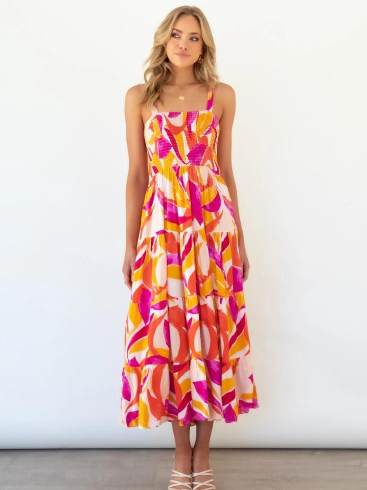 Tatiana Minimalist Printed Tiered Maxi Summer Dress with Ruched Bodice Evening Wear Edit