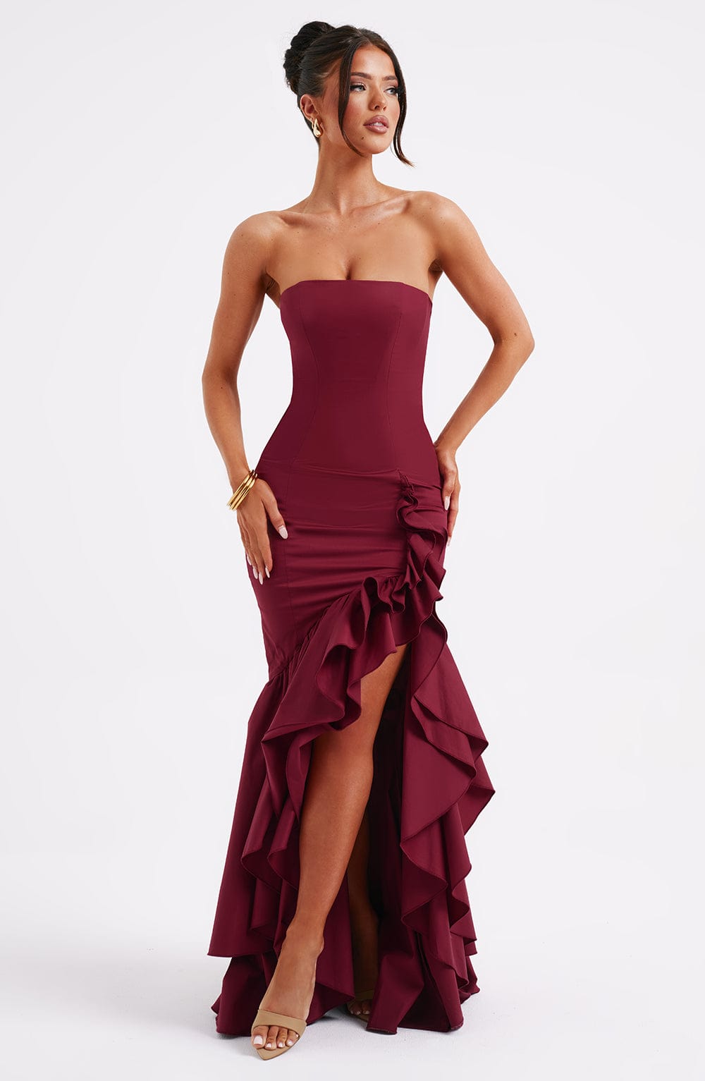 Strapless Ruffle High Split Mermaid Maxi Dress