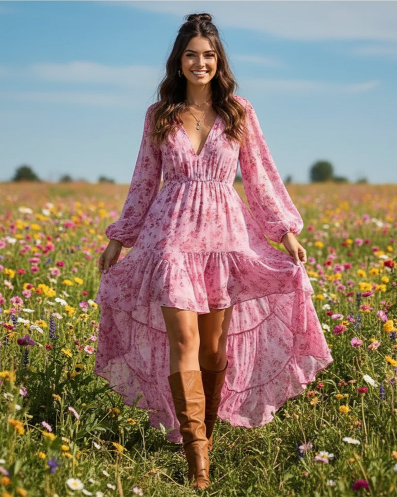 Floral Deep V-Neck Long Sleeve High Low Midi Dress 2