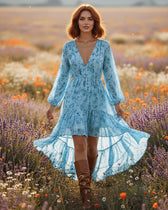 Floral Deep V-Neck Long Sleeve High Low Midi Dress 3