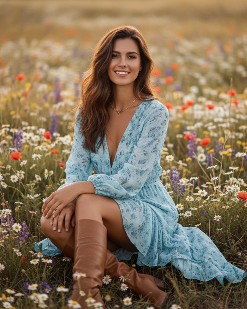 Floral Deep V-Neck Long Sleeve High Low Midi Dress 5