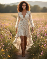 Floral Deep V-Neck Long Sleeve High Low Midi Dress 4