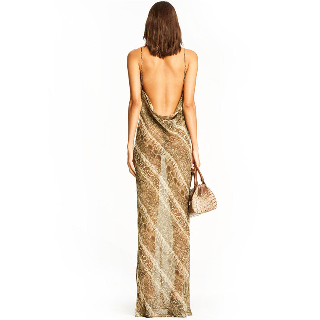 Snake Print Cowl Neck Spaghetti Strap Sheer High Split Maxi Slip Dress 2