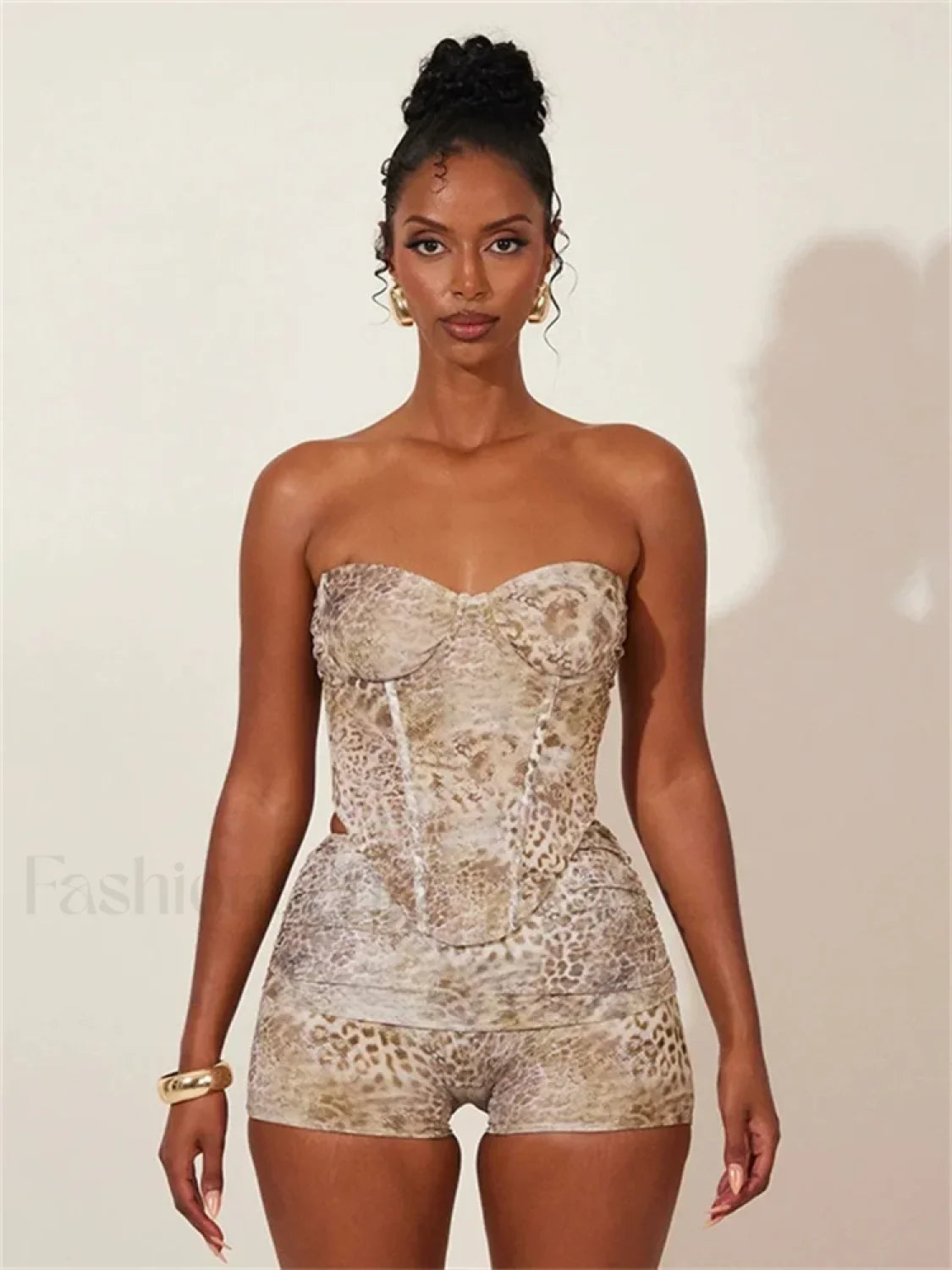 Animal Print Strapless Shorts Two Piece Set
