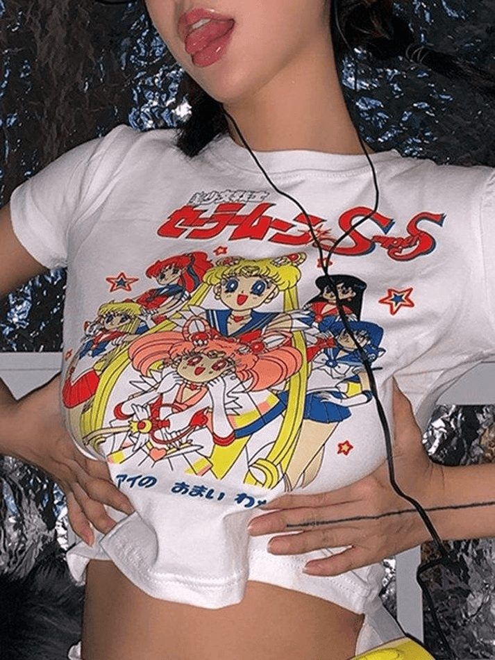 Anime Cartoon Graphic Print Crew Neck Short Sleeve Crop T-Shirt