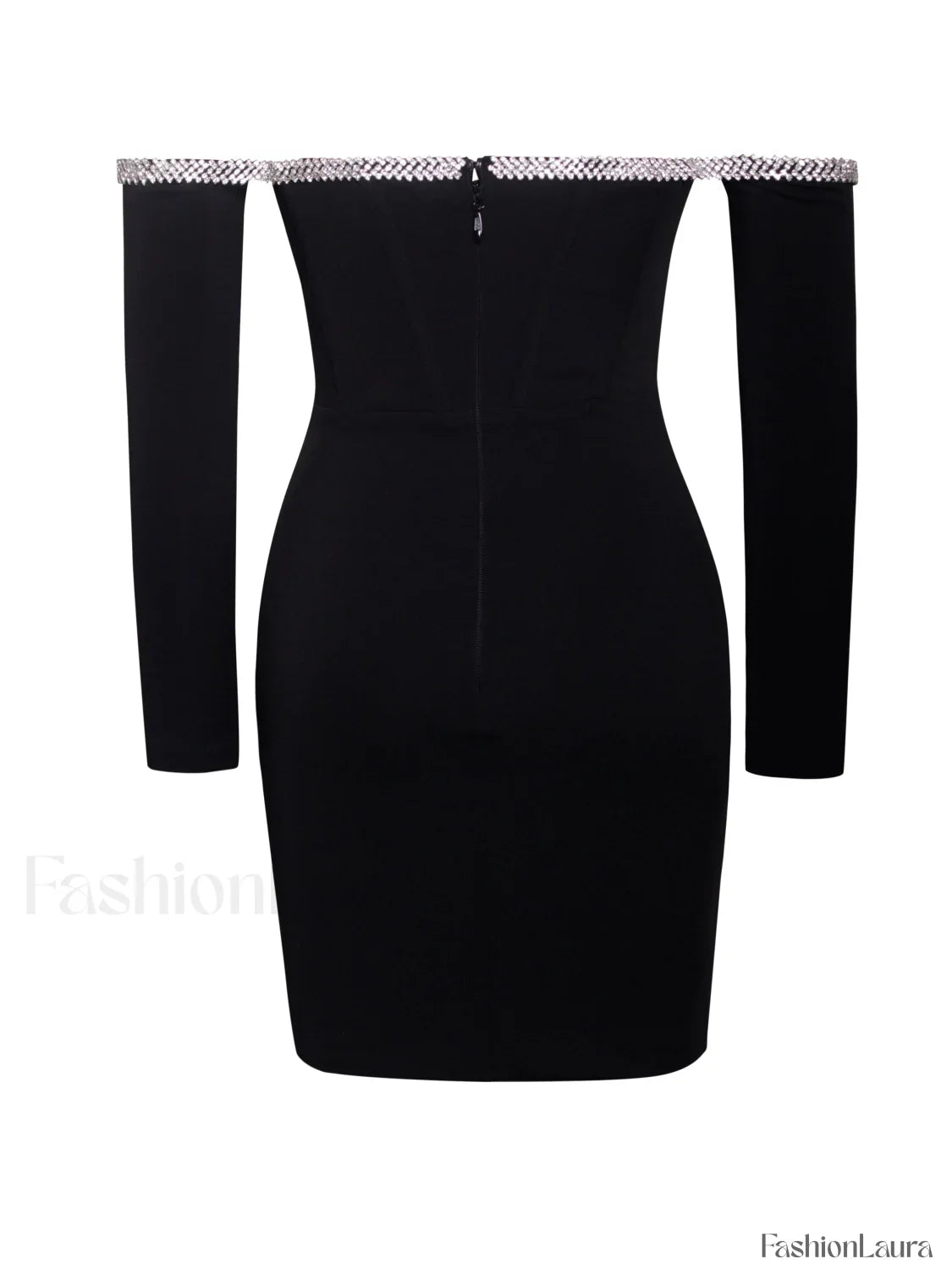 Annika Black Off Shoulder Long Trendy Sleeve Corset Dress With Crystal Trim
