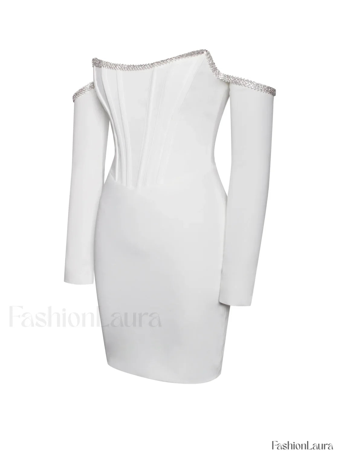 Annika White Off Shoulder Long Trendy Sleeve Corset Dress With Crystal Trim