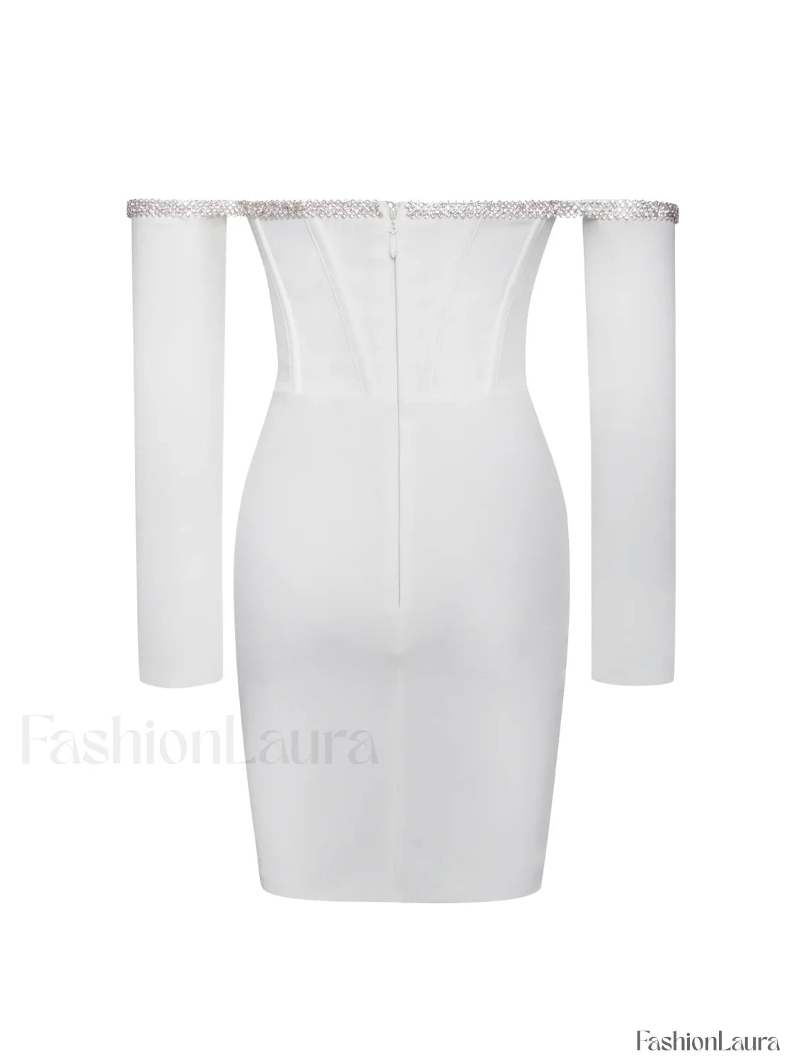 Annika White Off Shoulder Long Trendy Sleeve Corset Dress With Crystal Trim