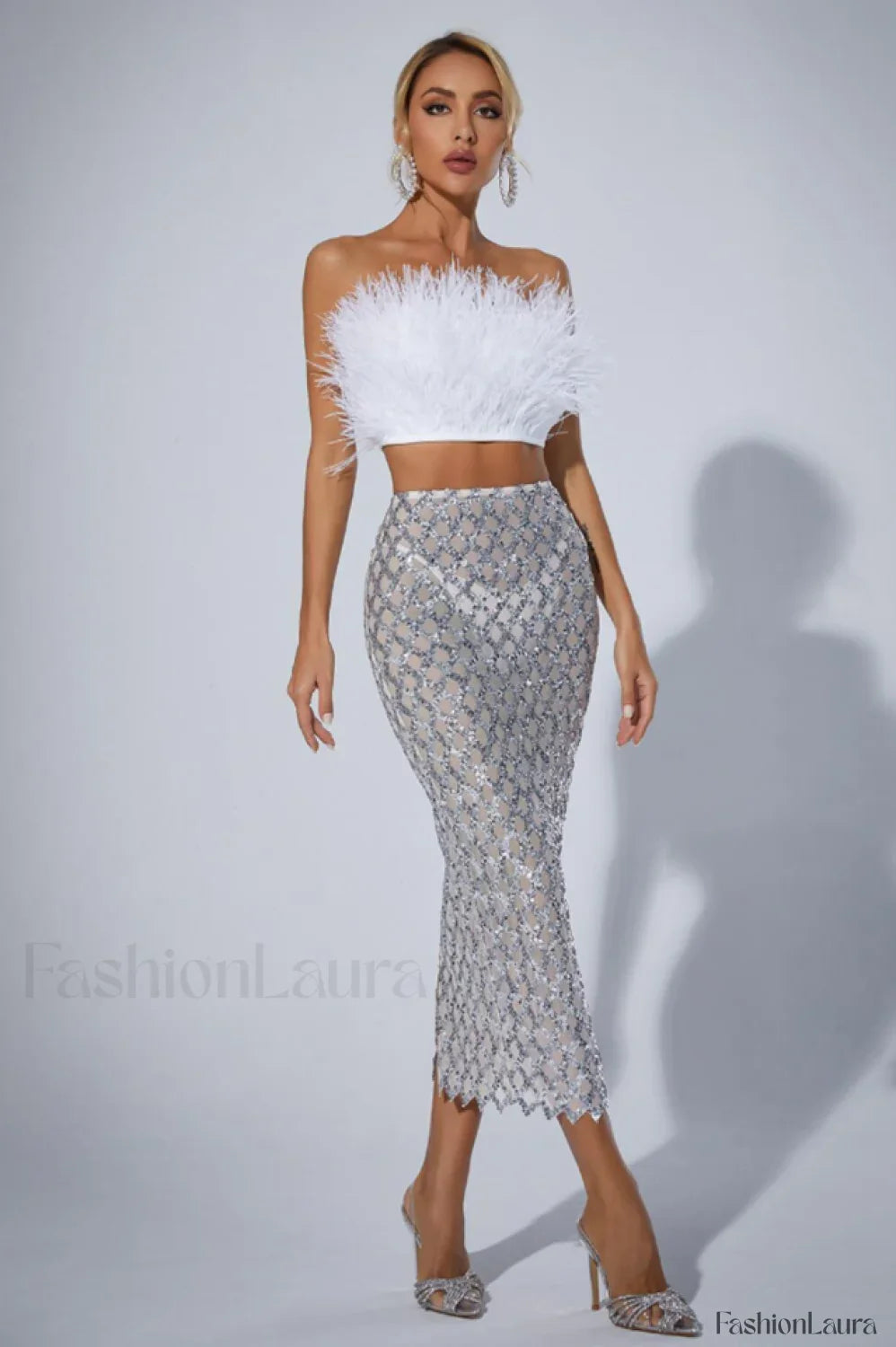Ansley Strapless Feather Charming Mesh Skirt Set