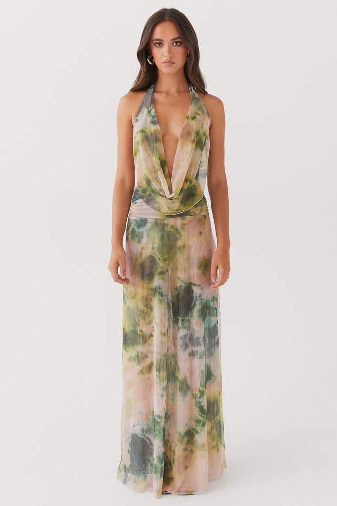 Tie Dye Halter Neck Deep V-Neck Backless Maxi Dress 4