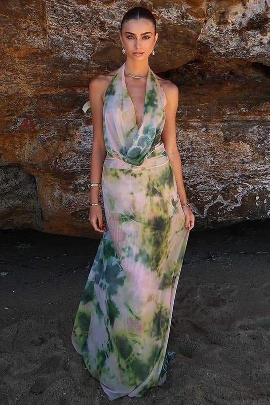 Tie Dye Halter Neck Deep V-Neck Backless Maxi Dress