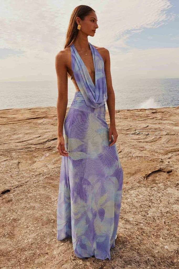 Tie Dye Halter Neck Deep V-Neck Backless Maxi Dress 10