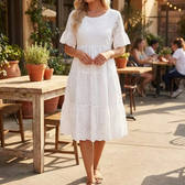 Eyelet Round Neck Flutter Sleeve Tiered Midi Dress 2