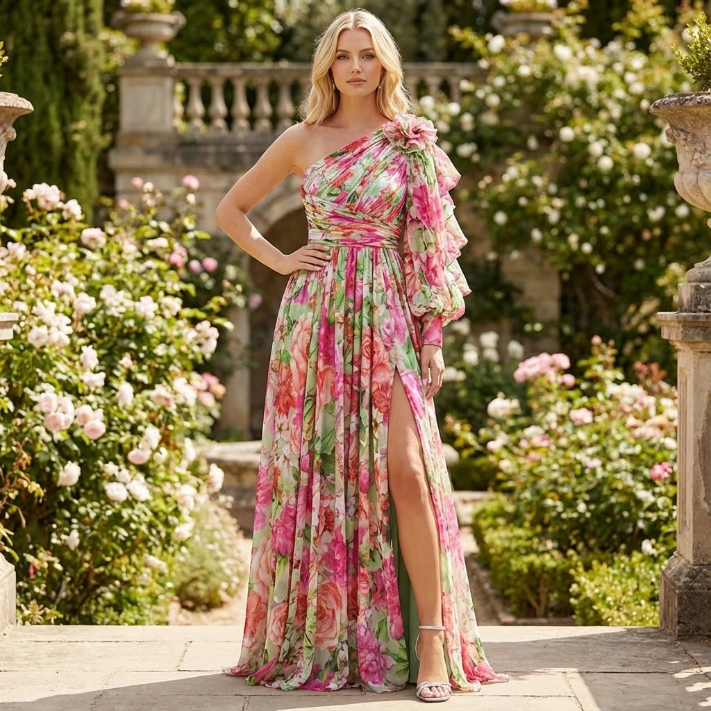 Floral Chiffon One Shoulder High Split Maxi Dress 2