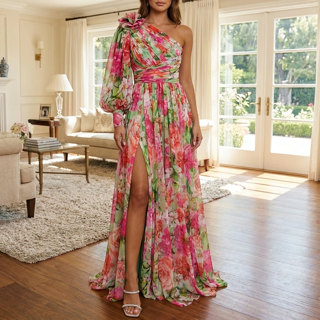 Floral Chiffon One Shoulder High Split Maxi Dress