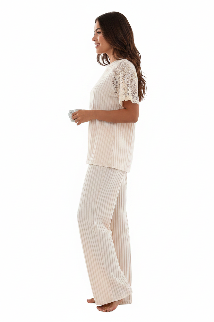 Women's Pajama Set with Soft Stretch Fabric & Chic Lace Design
