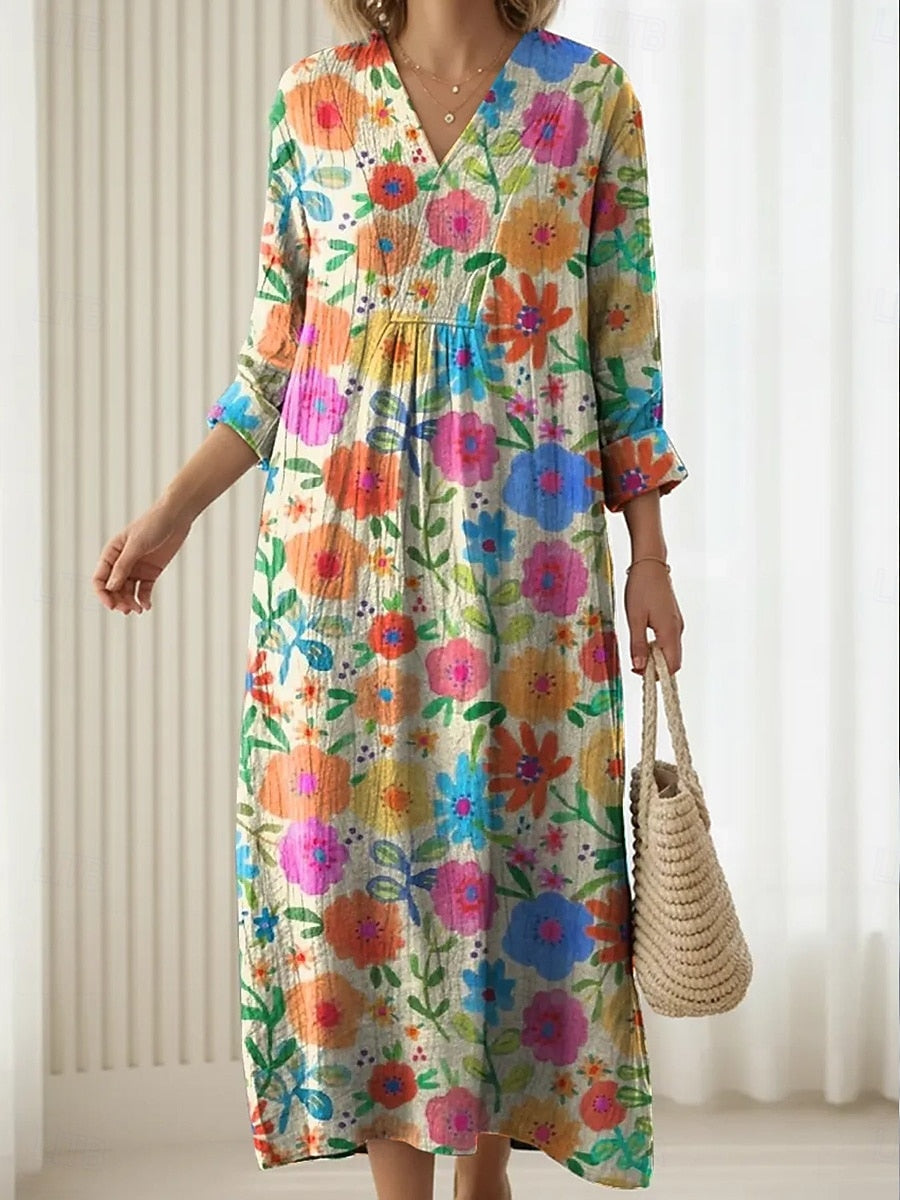 Floral Print V-Neck Long Sleeve Pintuck Midi Dress