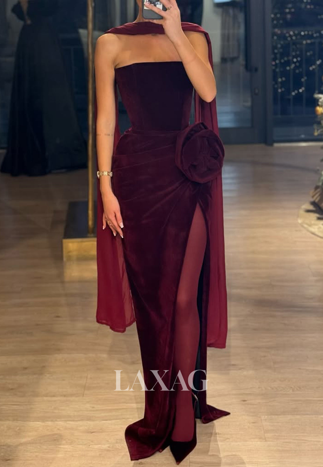 Off-Shoulder Sleeveless Pleated Formal Gowns Tube Top Floral Embossed Floor-Length Mermaid Prom Dress