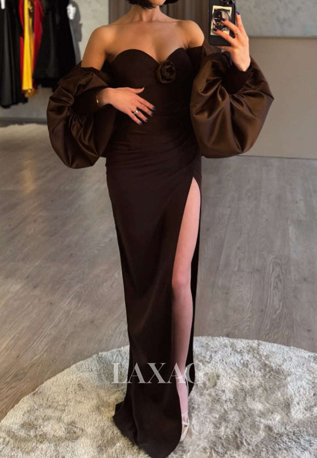 Sweetheart Off-Shoulder Puff-Sleeves Pleated Satin Floor-Length Mermaid Prom Dress with High Slit