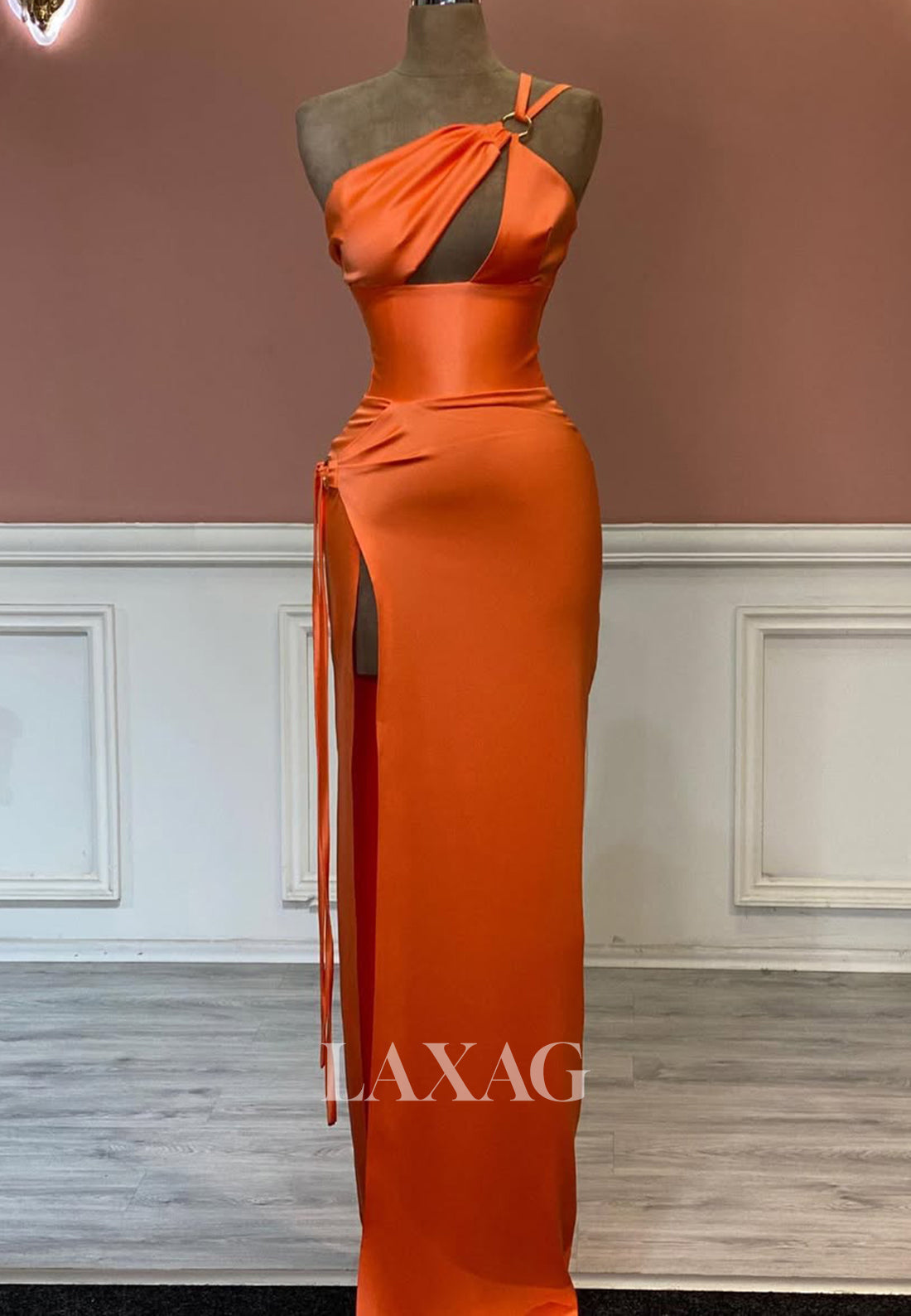 Asymmetrical-Neck Spaghetti Straps Mermaid Prom Dress Sleeveless Cutout Pleated Satin Formal Gowns