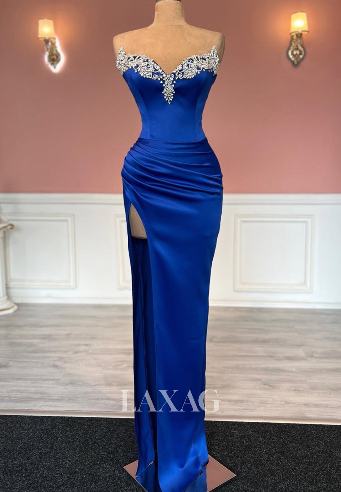 Sweetheart Off-Shoulder Sleeveless Beaded Floor-Length Pleated Satin Mermaid Prom Dress with High Slit