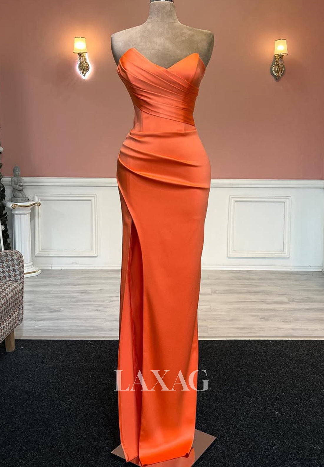 Simple V-Neck Off-Shoulder Sleeveless Formal Gowns Pleated Floor-Length High Slit Mermaid Prom Dress
