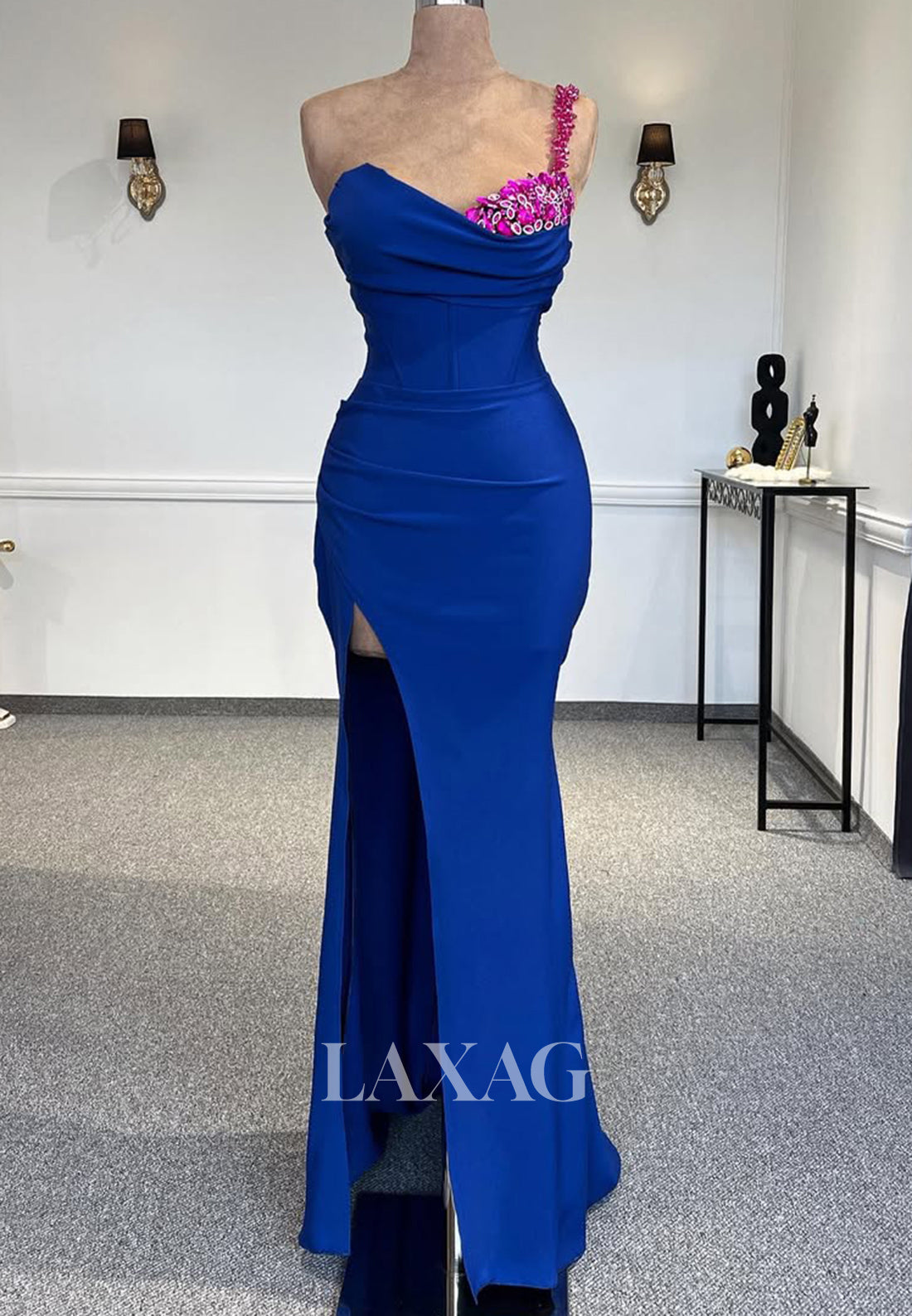Asymmetrical-Sweetheart One-Strap Off-Shoulder Sleeveless Beaded Pleated Mermaid Prom Dress
