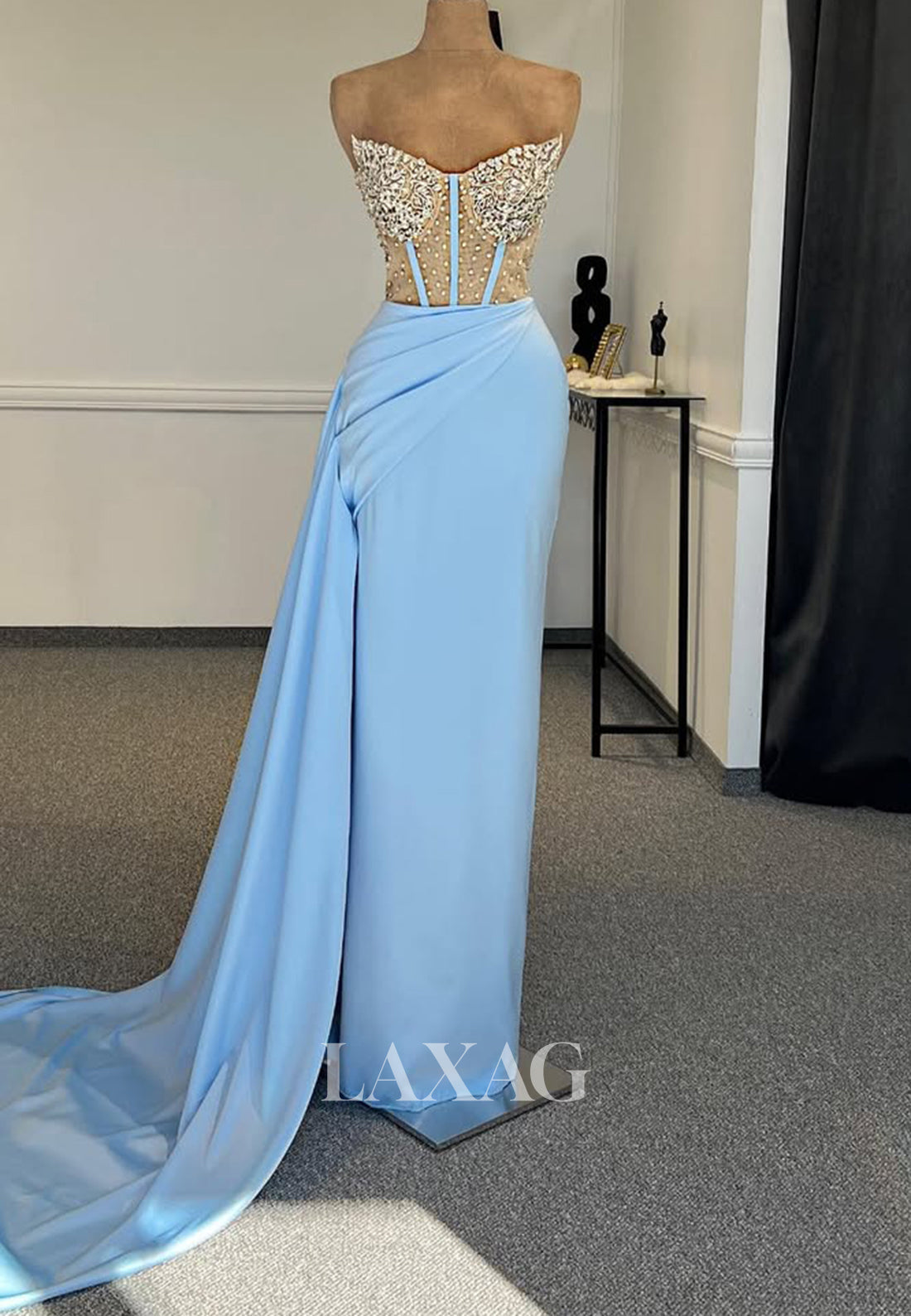 V-Neck Sleeveless Off-Shoulder Pleated Beaded Rhinestone Mermaid Prom Dress with Sweep Train