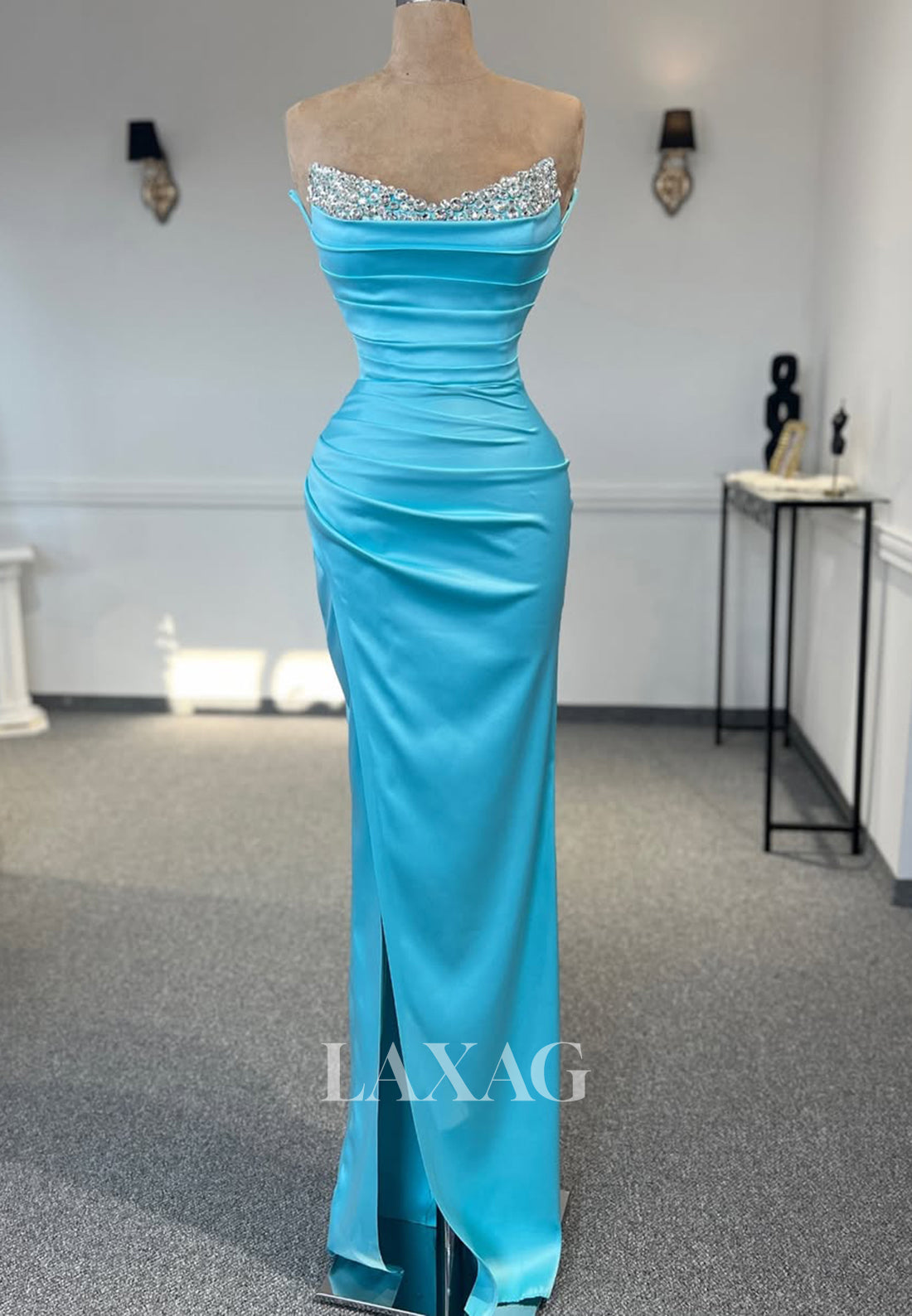 V-Neck Sleeveless Satin Mermaid Prom Dress Off-Shoulder Rhinestone Pleated Party Gowns with Slit