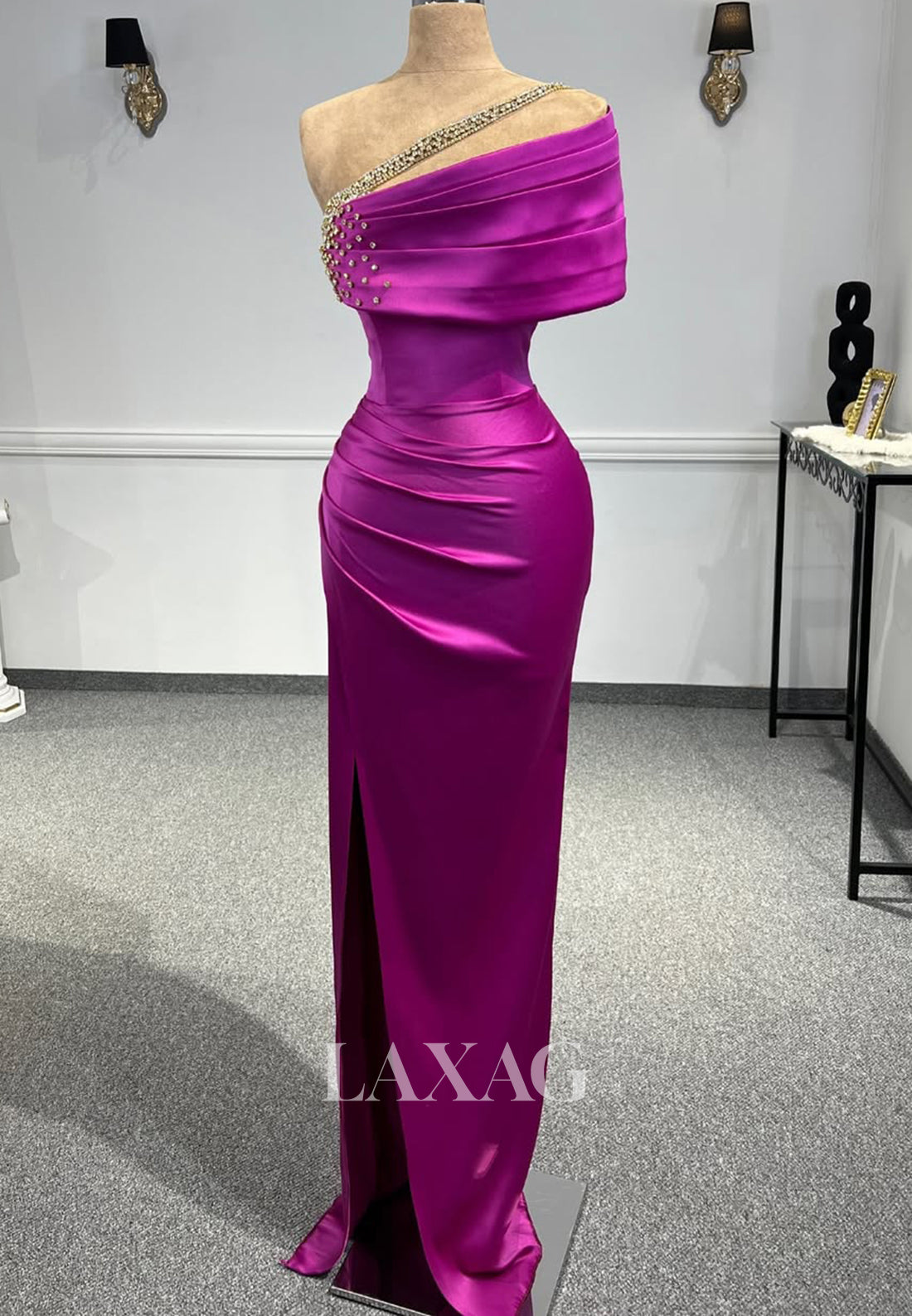 Off-Shoulder Asymmetrical-Neck Sleeveless Evening Gowns Beaded Pleated Slit Satin Mermaid Prom Dress