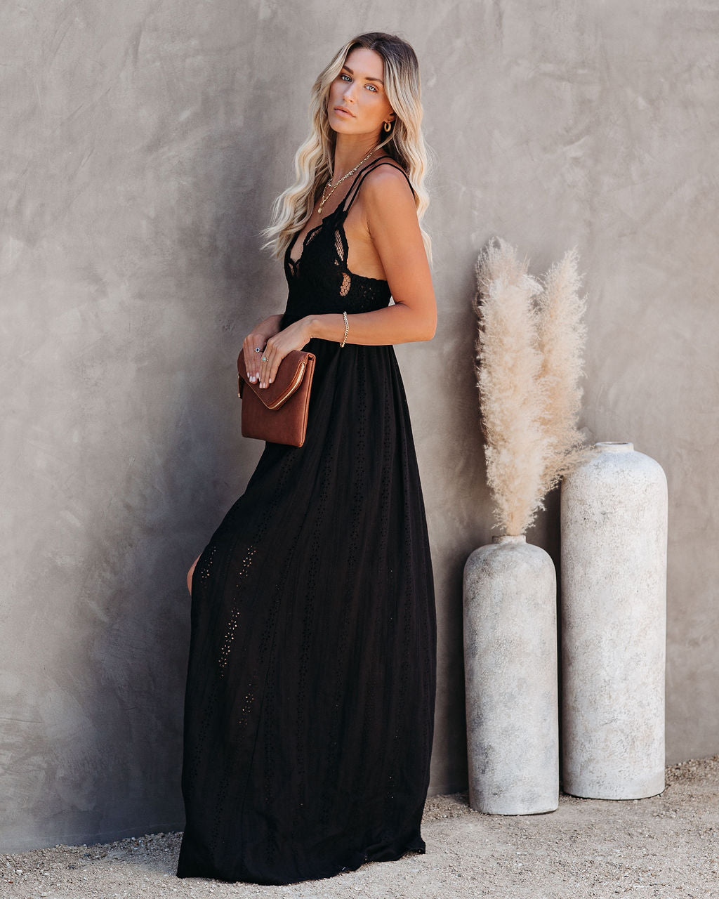 Archer Pocketed Lace Eyelet Maxi Dress Black 6