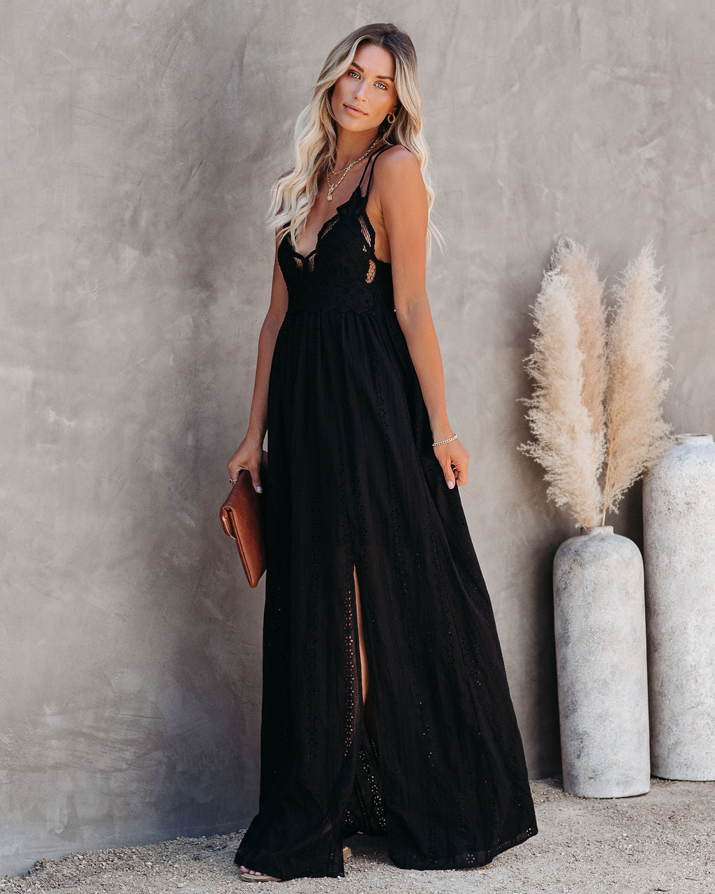 Archer Pocketed Lace Eyelet Maxi Dress Black 9