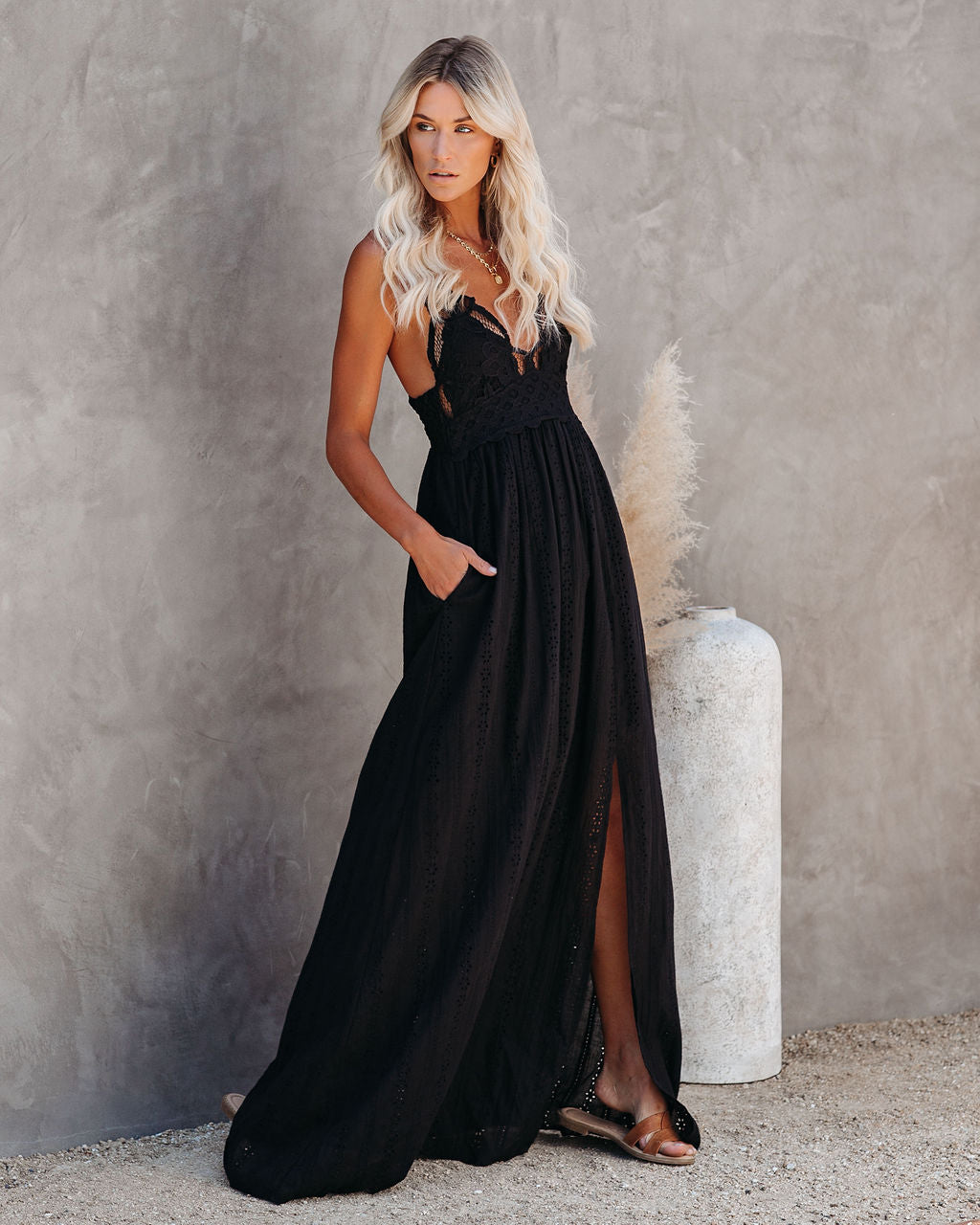Archer Pocketed Lace Eyelet Maxi Dress Black 10