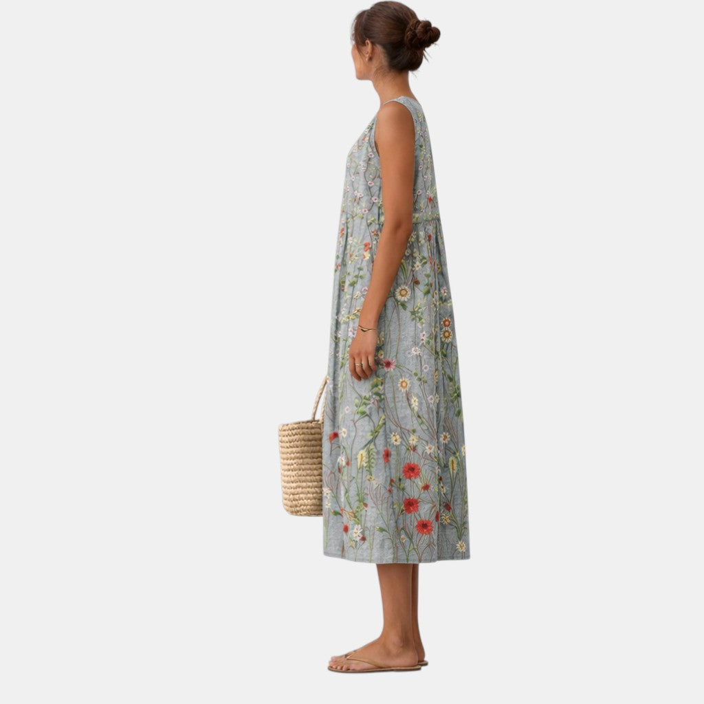 Botanical Floral Crew Neck Sleeveless Pocket Midi Dress