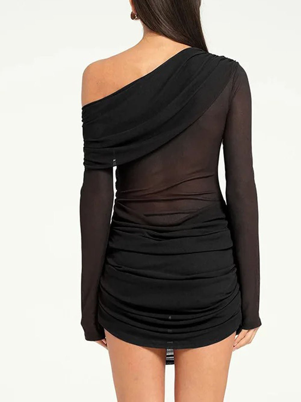 One Shoulder Long Sleeve Draped Sheer Mesh Ruched Mini Dress 2