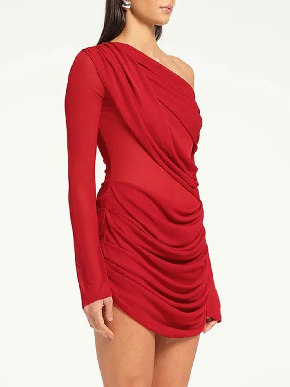 One Shoulder Long Sleeve Draped Ruched Sheer Mesh Bodycon Mini Dress 3