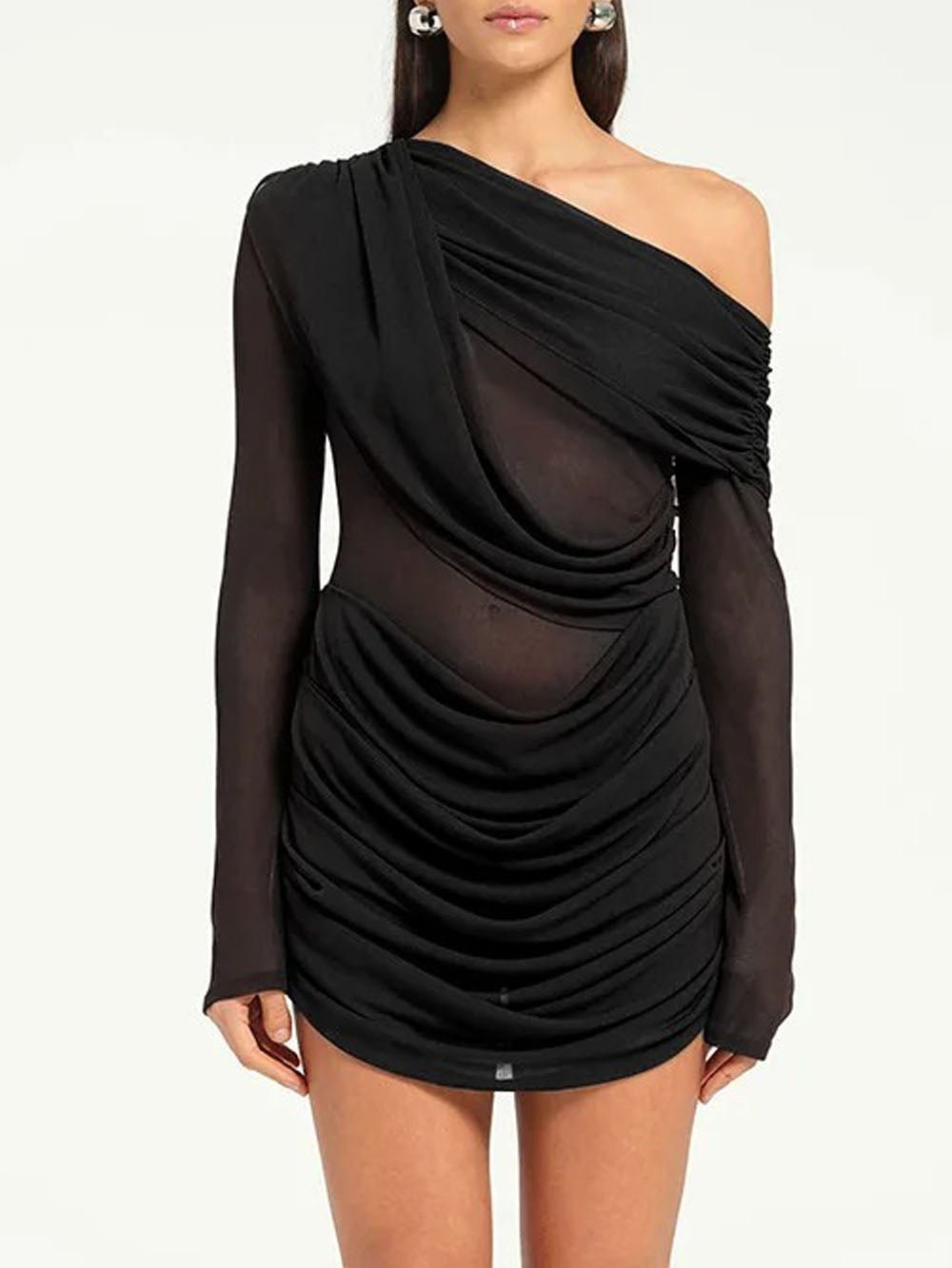 One Shoulder Long Sleeve Draped Sheer Mesh Ruched Mini Dress