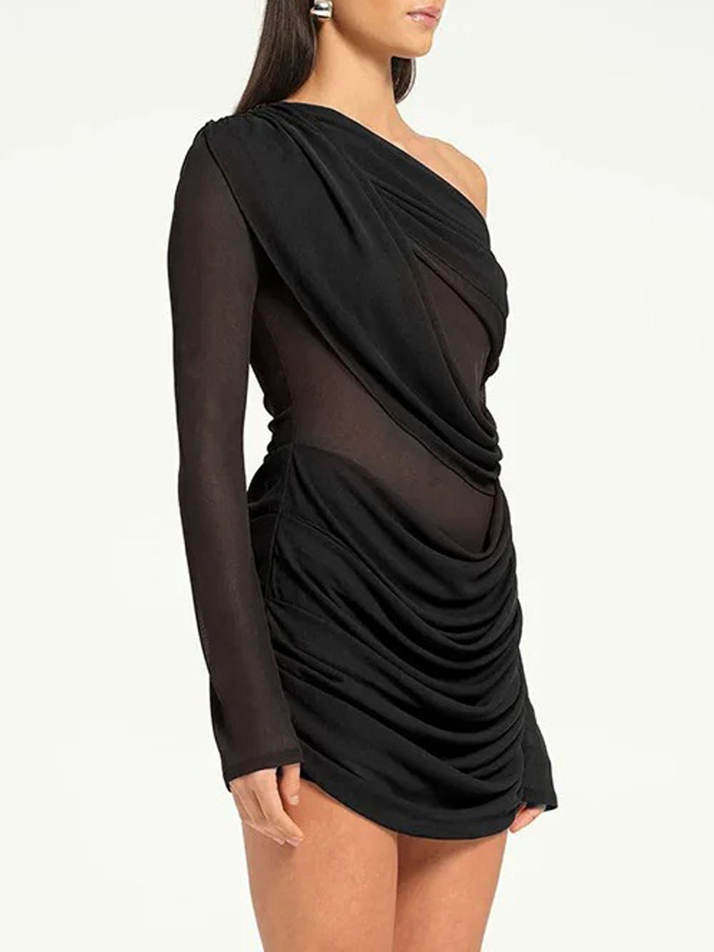 One Shoulder Long Sleeve Draped Sheer Mesh Ruched Mini Dress 3