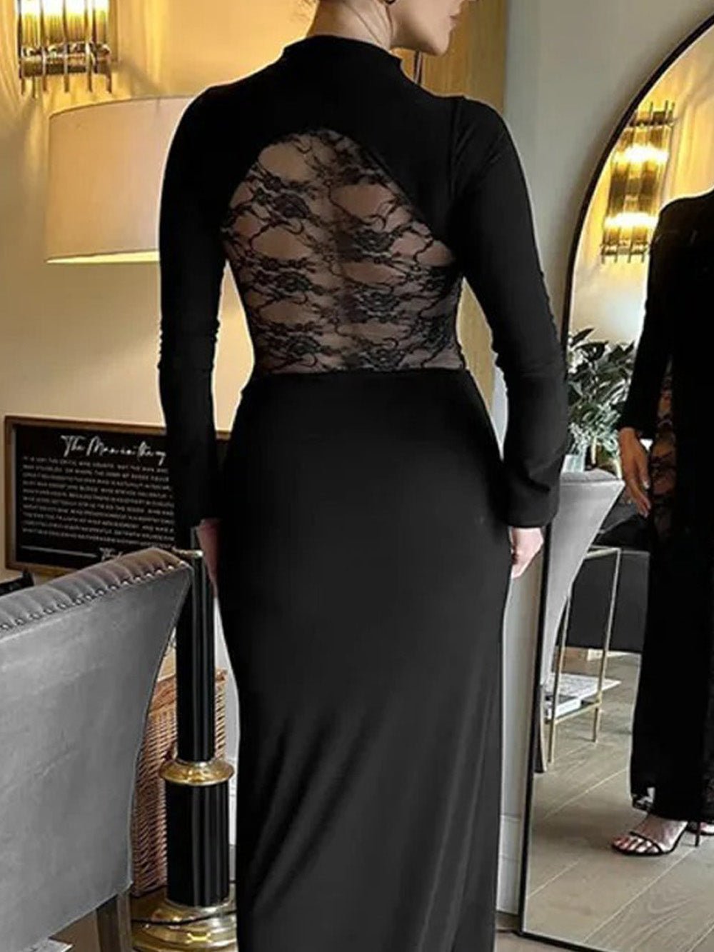Mock Neck Long Sleeve Sheer Lace Side Panel Maxi Dress 2