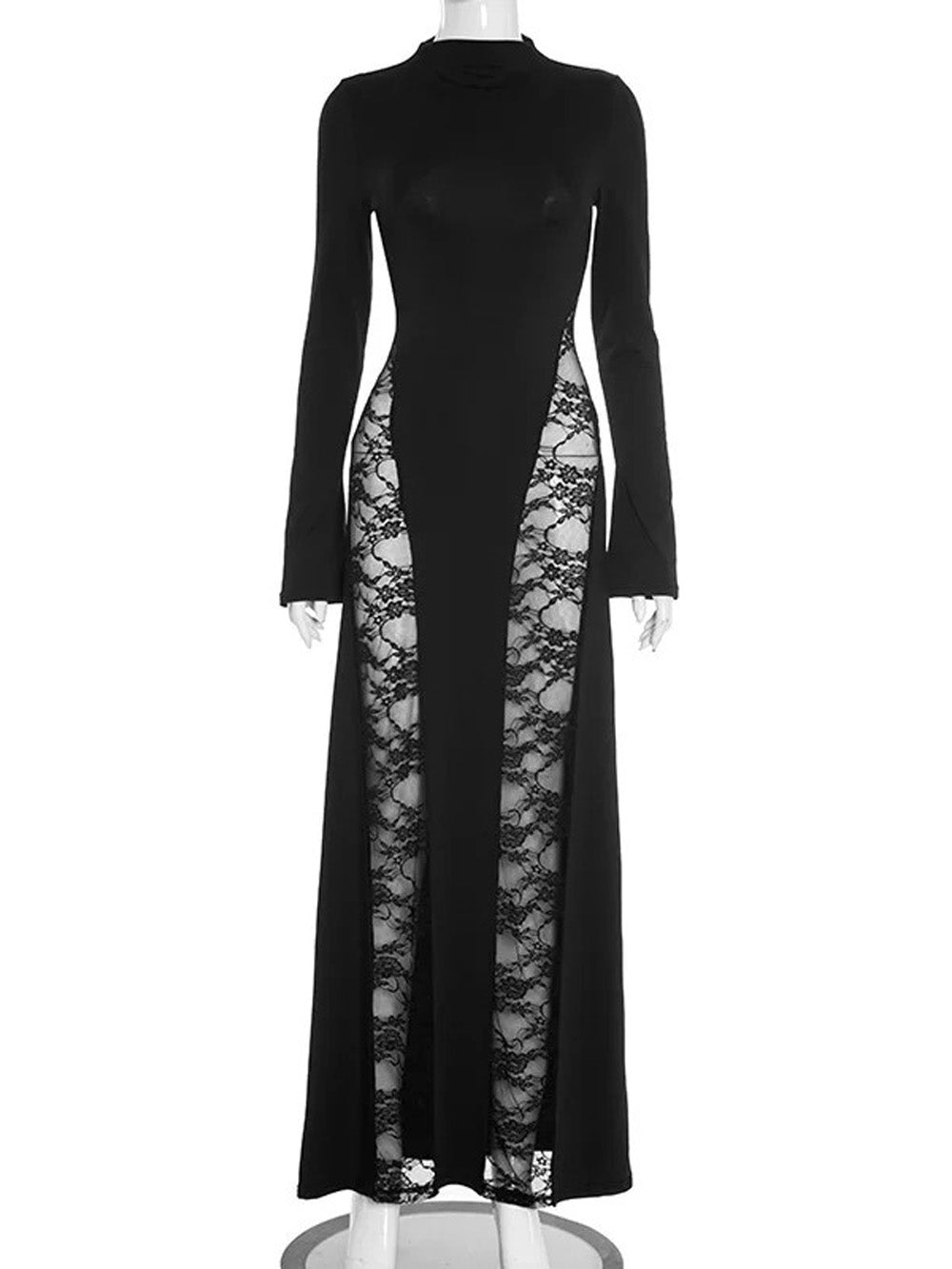 Mock Neck Long Sleeve Sheer Lace Side Panel Maxi Dress 4