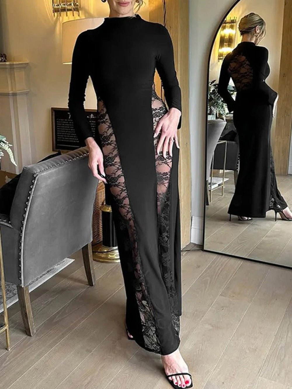 Mock Neck Long Sleeve Sheer Lace Side Panel Maxi Dress