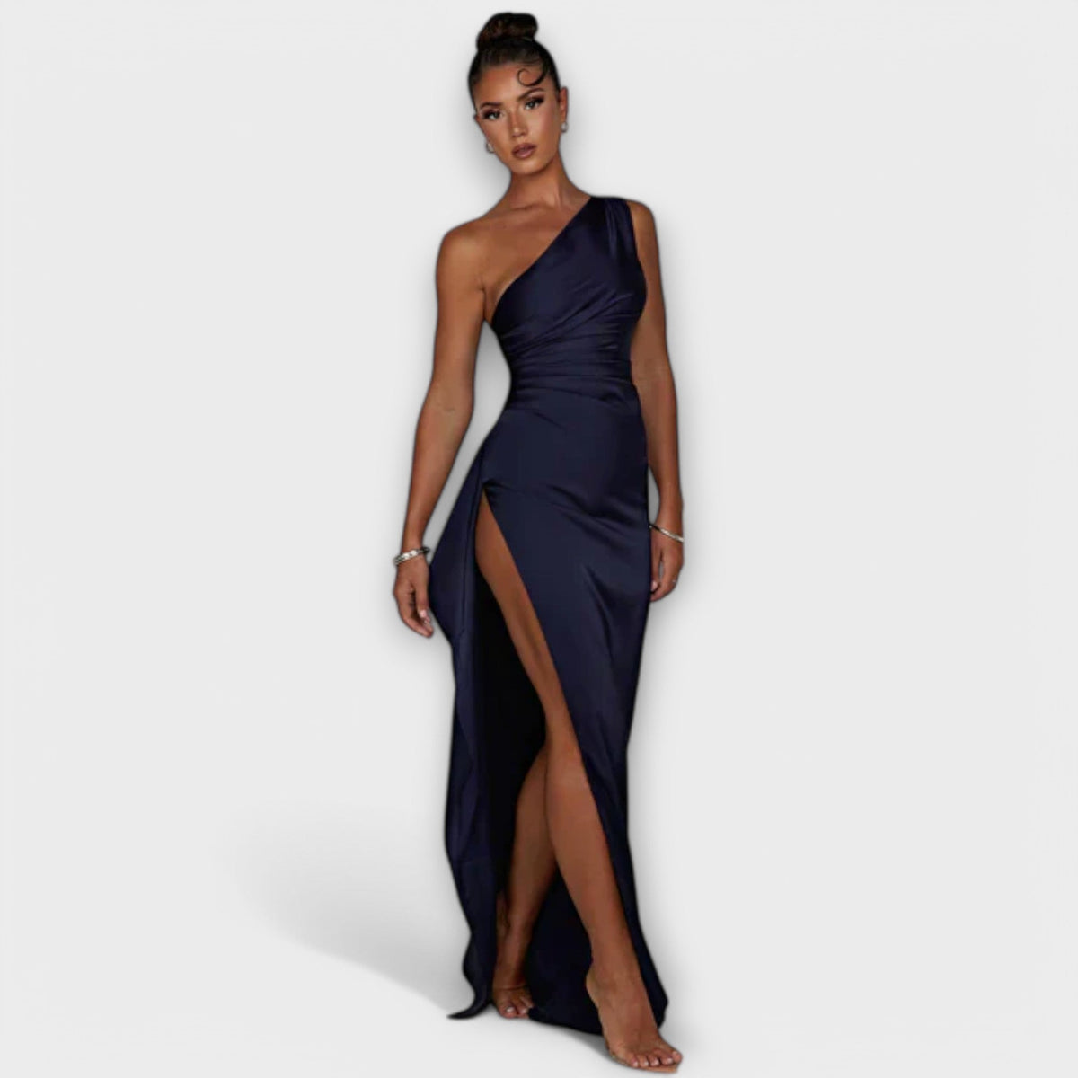 One Shoulder Ruched High Split Satin Maxi Dress