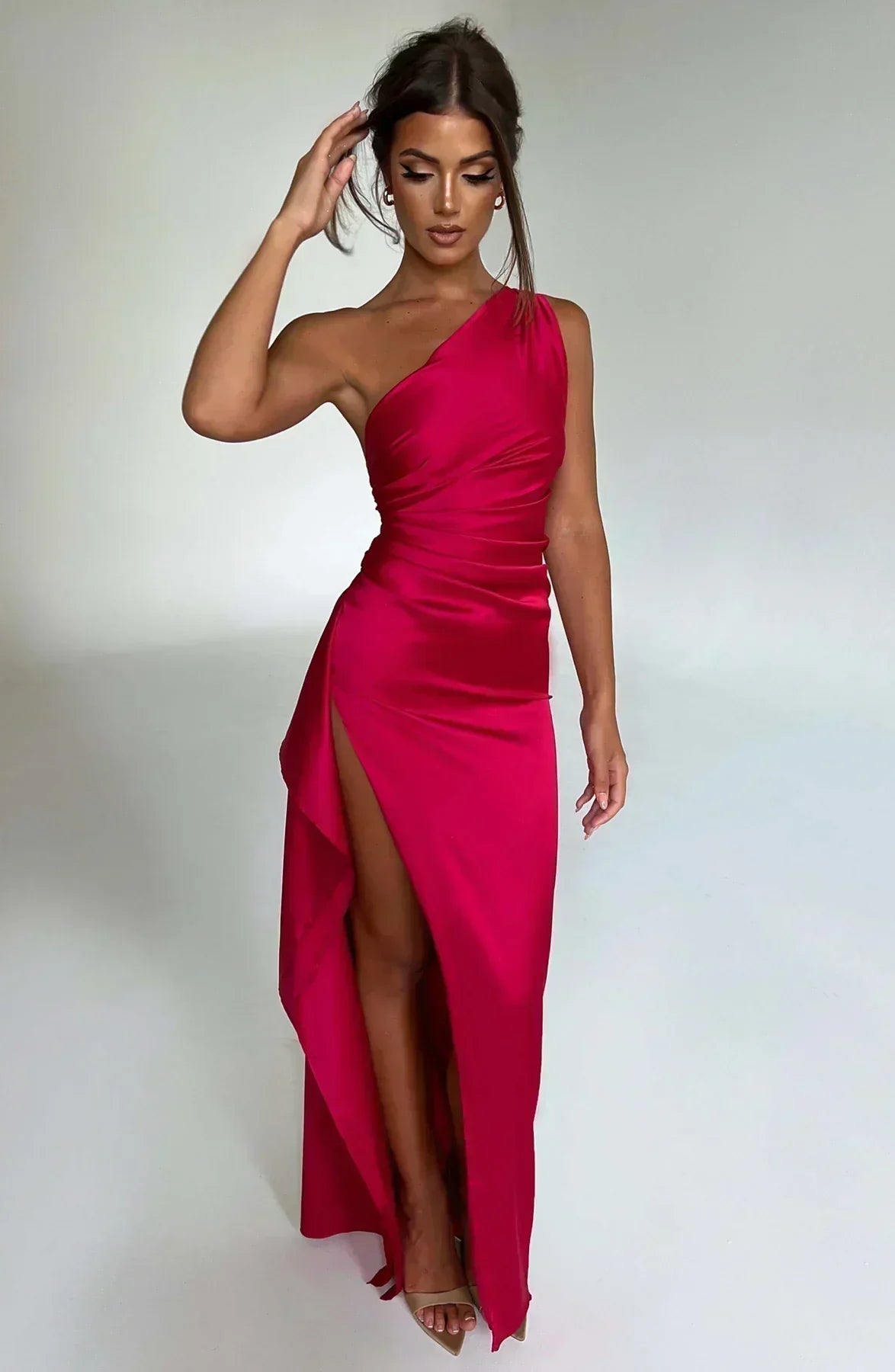 Chiffon One Shoulder Tiered Maxi Dress