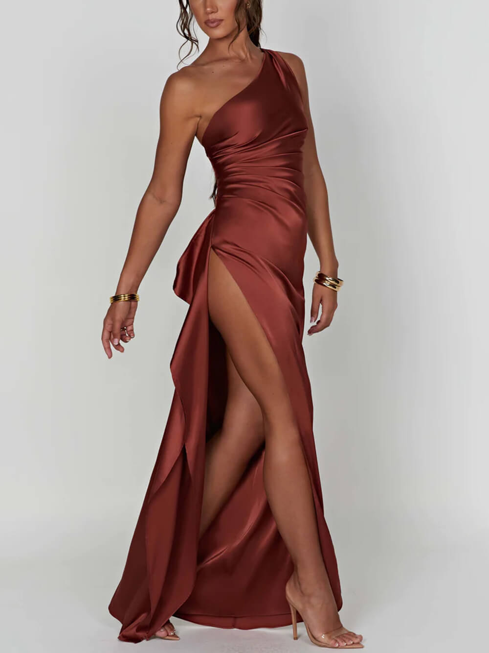 Satin One Shoulder Ruched Waist Draped High Split Maxi Gown 2
