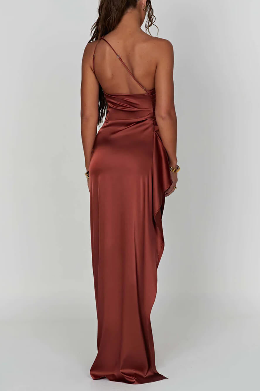 Satin One Shoulder Ruched Side Drape High Split Maxi Gown 5