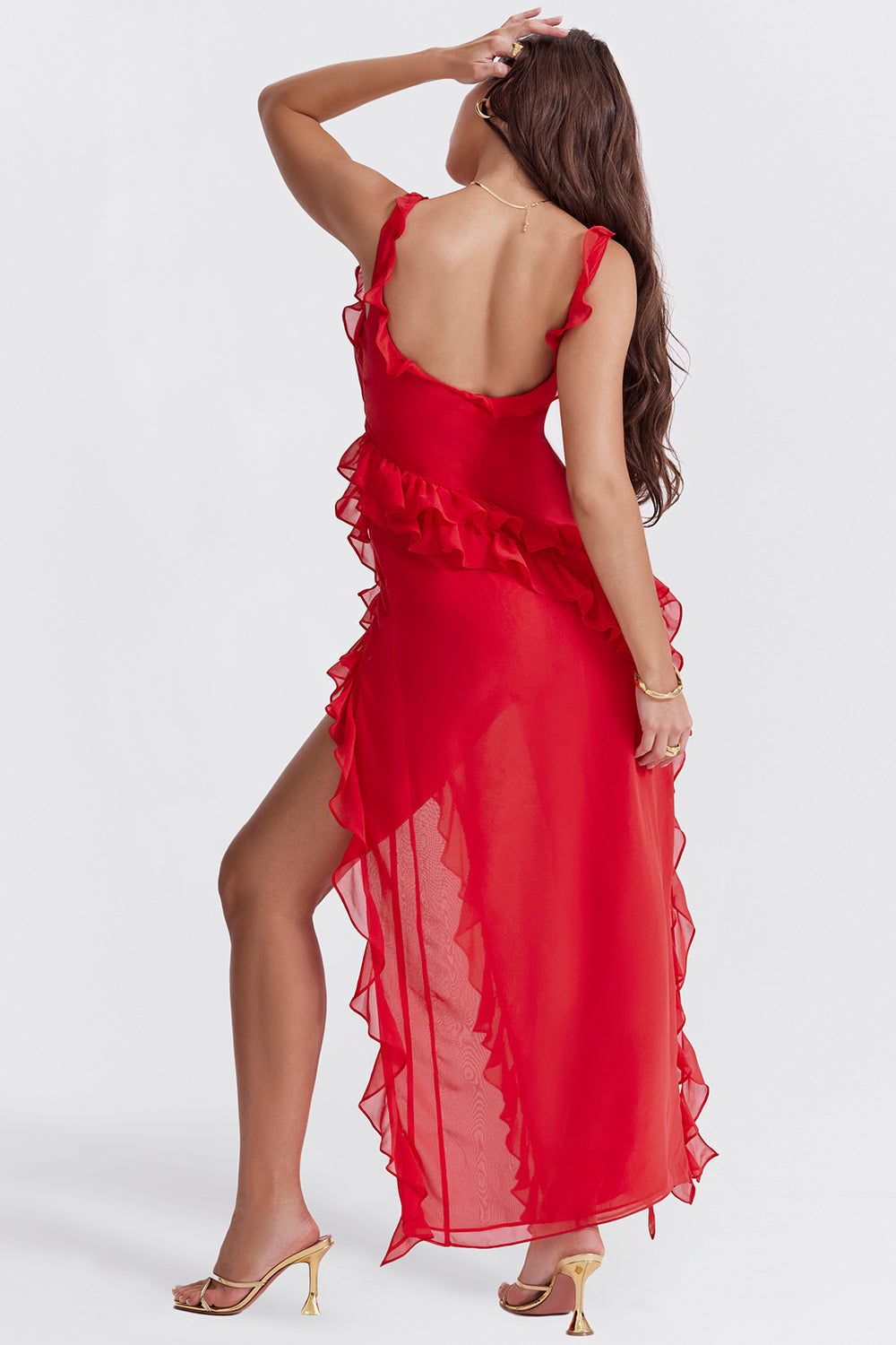Ruffle Tie Strap High Split Maxi Dress