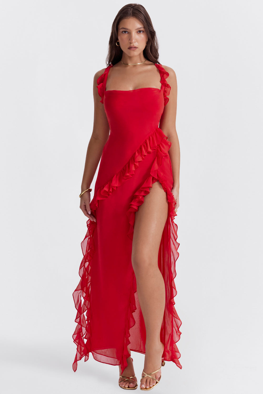 Ruffle Tie Strap High Split Maxi Dress
