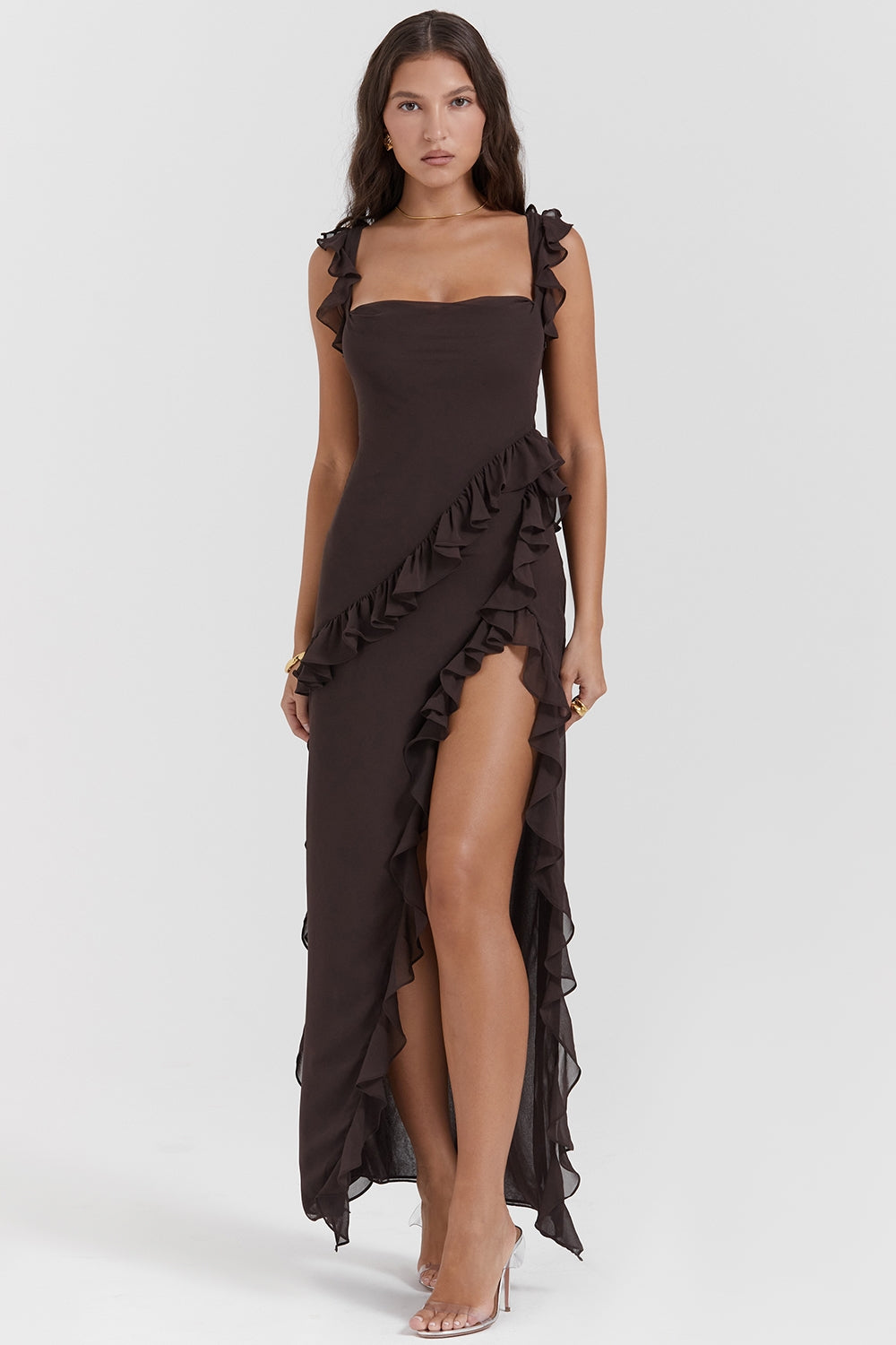 Chiffon Square Neck Ruffle Strap Asymmetric Ruffle Trim High Split Maxi Dress 18
