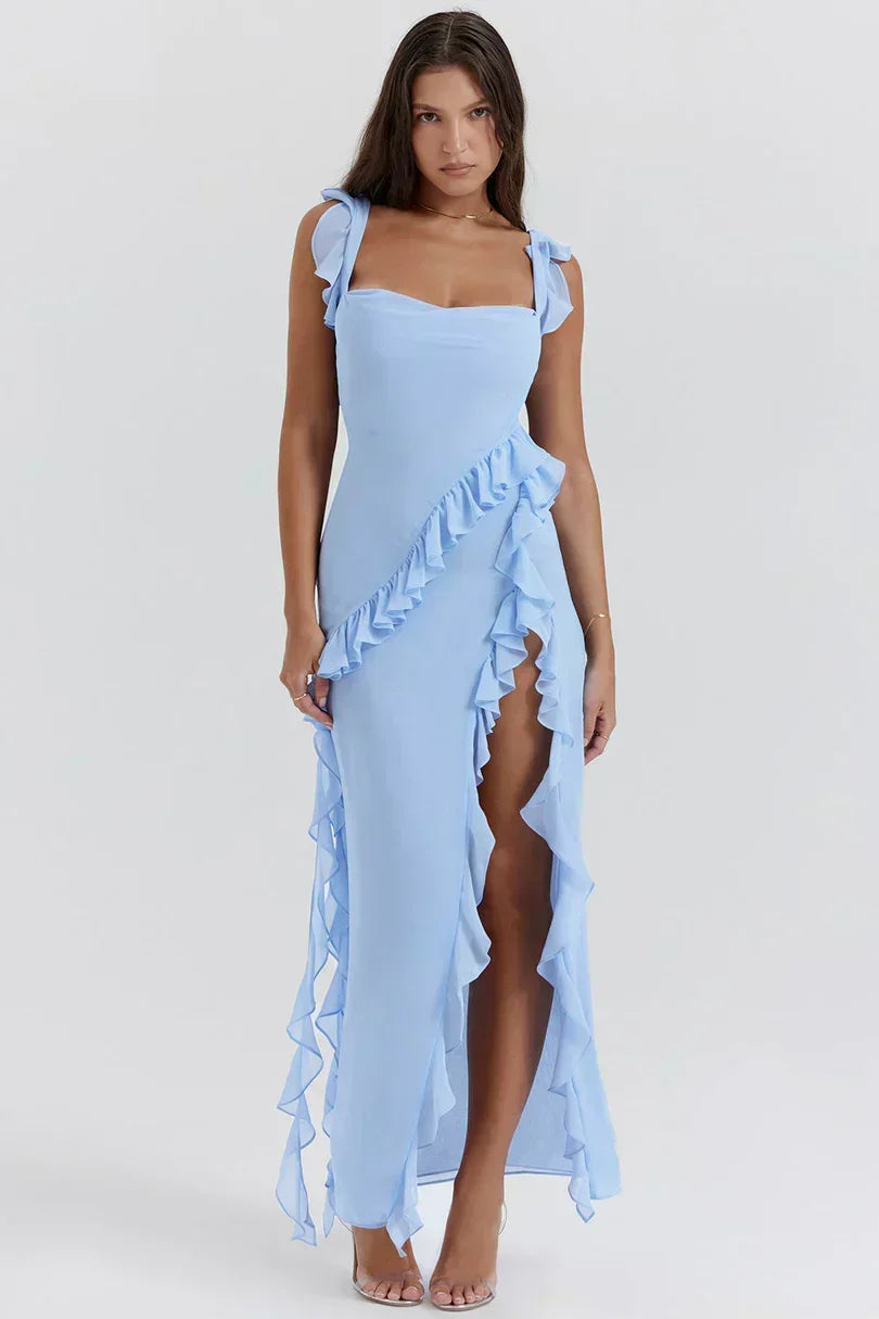 Chiffon Cowl Square Neck Ruffle Strap Cascading Ruffle High Split Maxi Dress