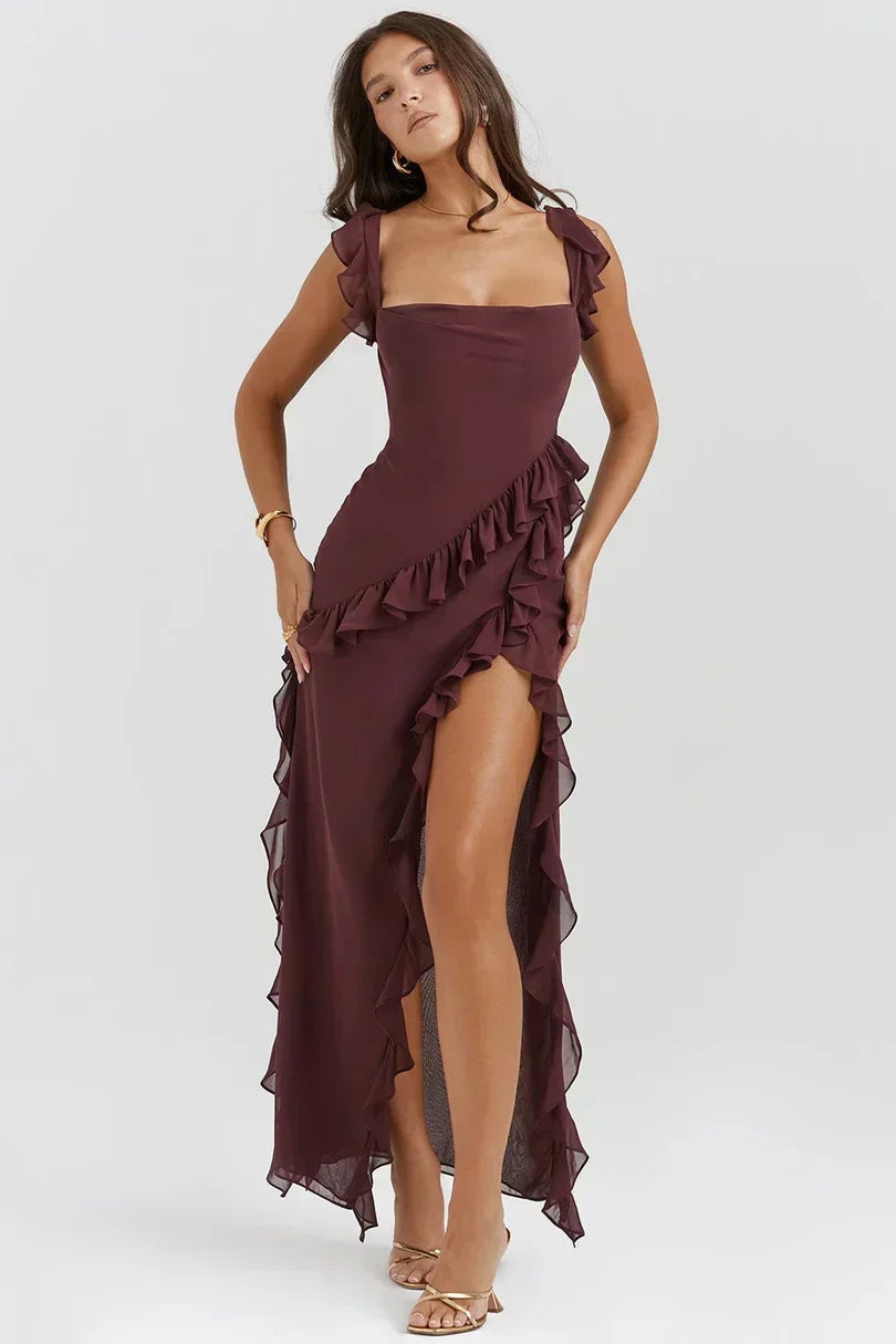 Chiffon Cowl Square Neck Ruffle Strap Cascading Ruffle High Split Maxi Dress 11